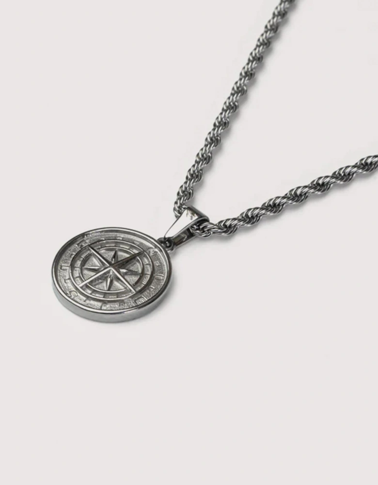 Silver Stainless Steel Compass Pendant 22"