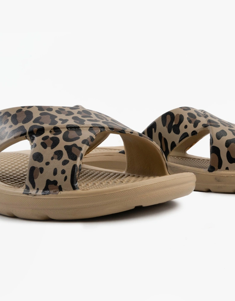 0359FLEO Womens Cross Slides Natural Leopard