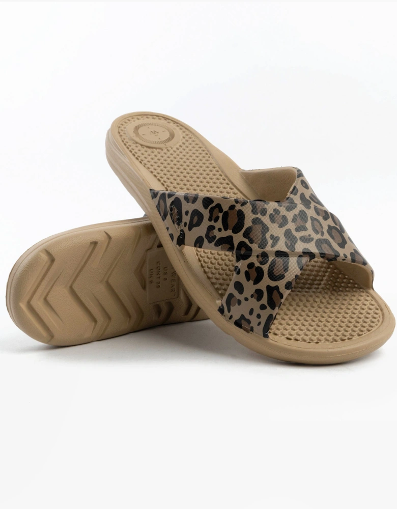 0359FLEO Womens Cross Slides Natural Leopard