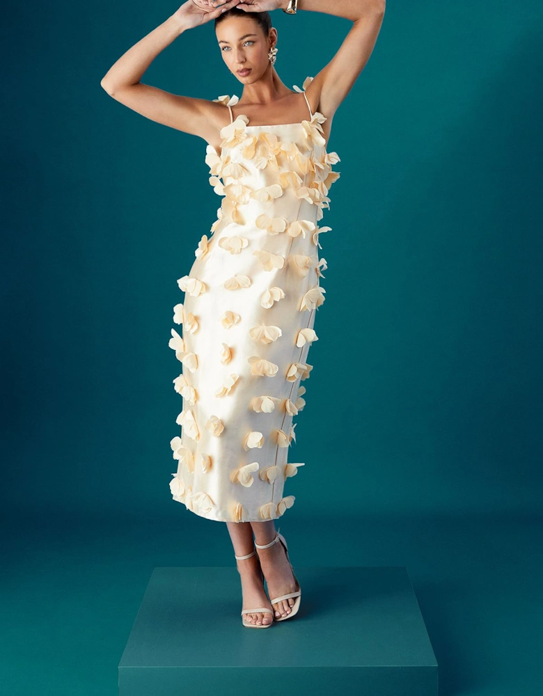 Strappy Satin Midi Dress With 3D Flowers