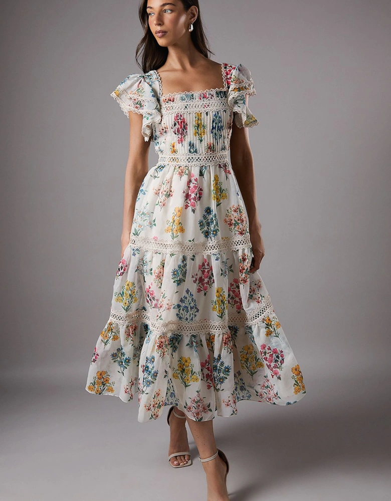 Printed Lace Trim Midi Dress