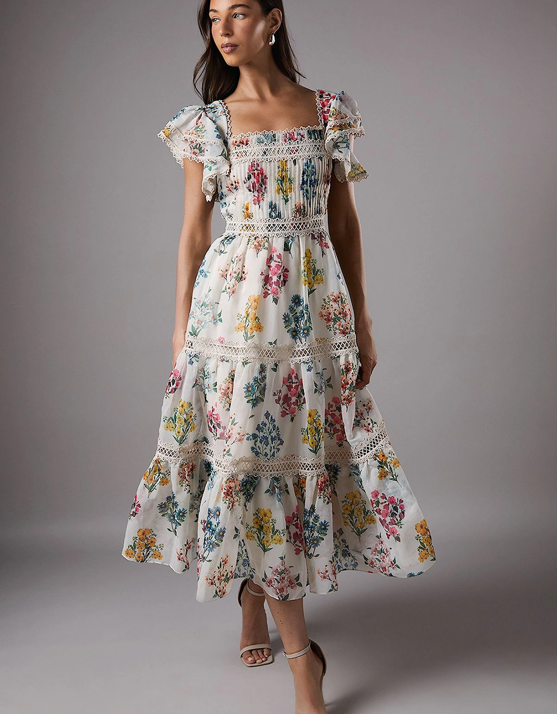Printed Lace Trim Midi Dress, 2 of 1