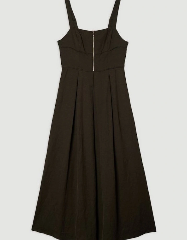 Premium Linen Twill Top Stitch Strappy Woven Zip Front Midi Dress