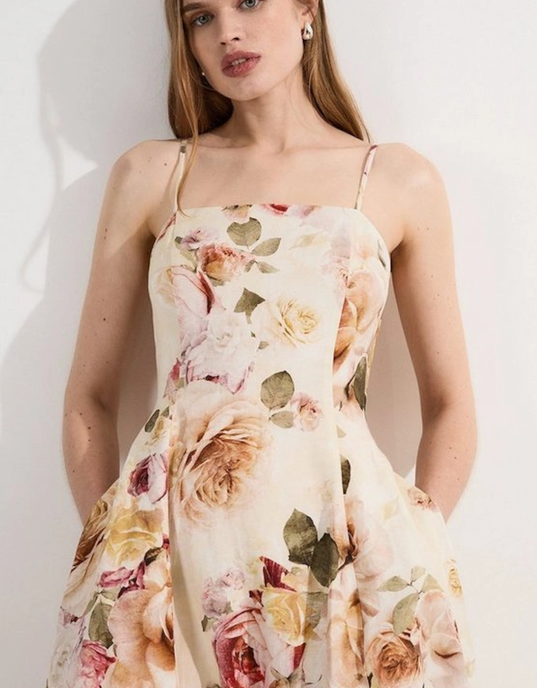 Linen Viscose Floral Printed Woven Maxi Prom Dress