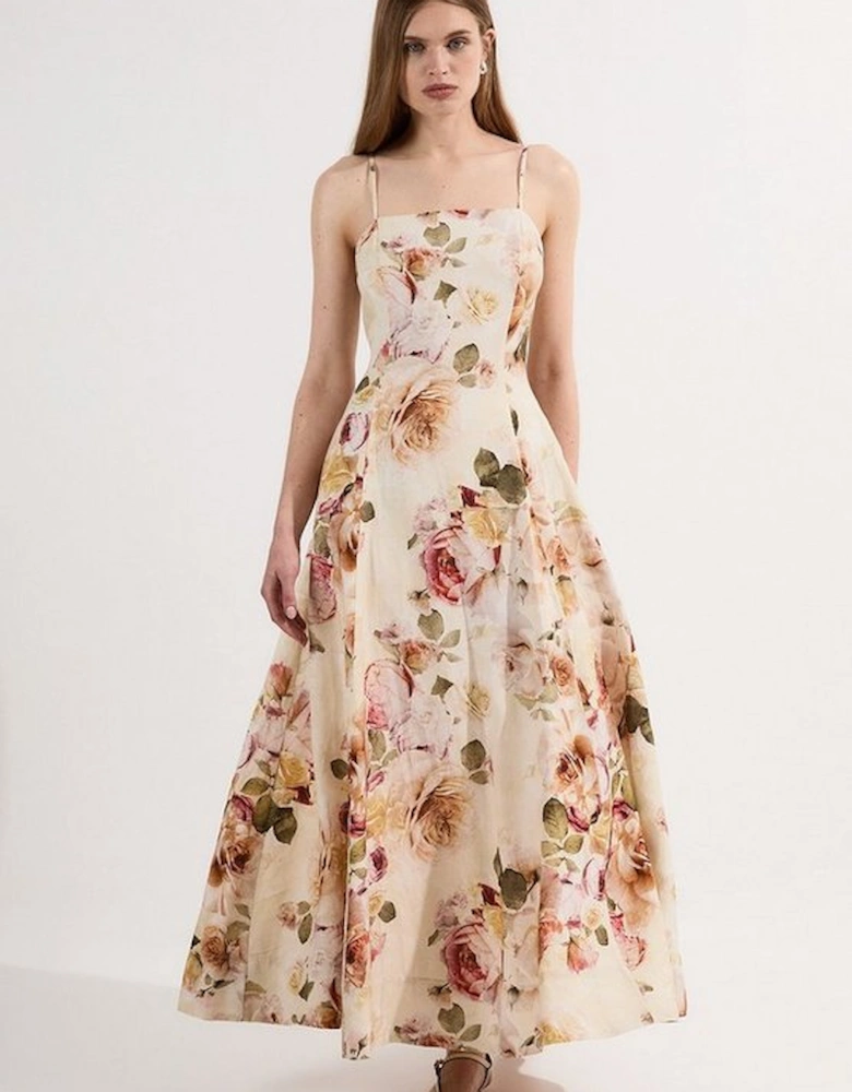 Linen Viscose Floral Printed Woven Maxi Prom Dress