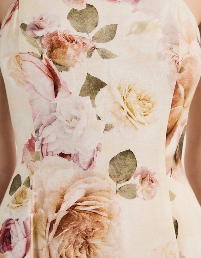 Linen Viscose Floral Printed Woven Maxi Prom Dress