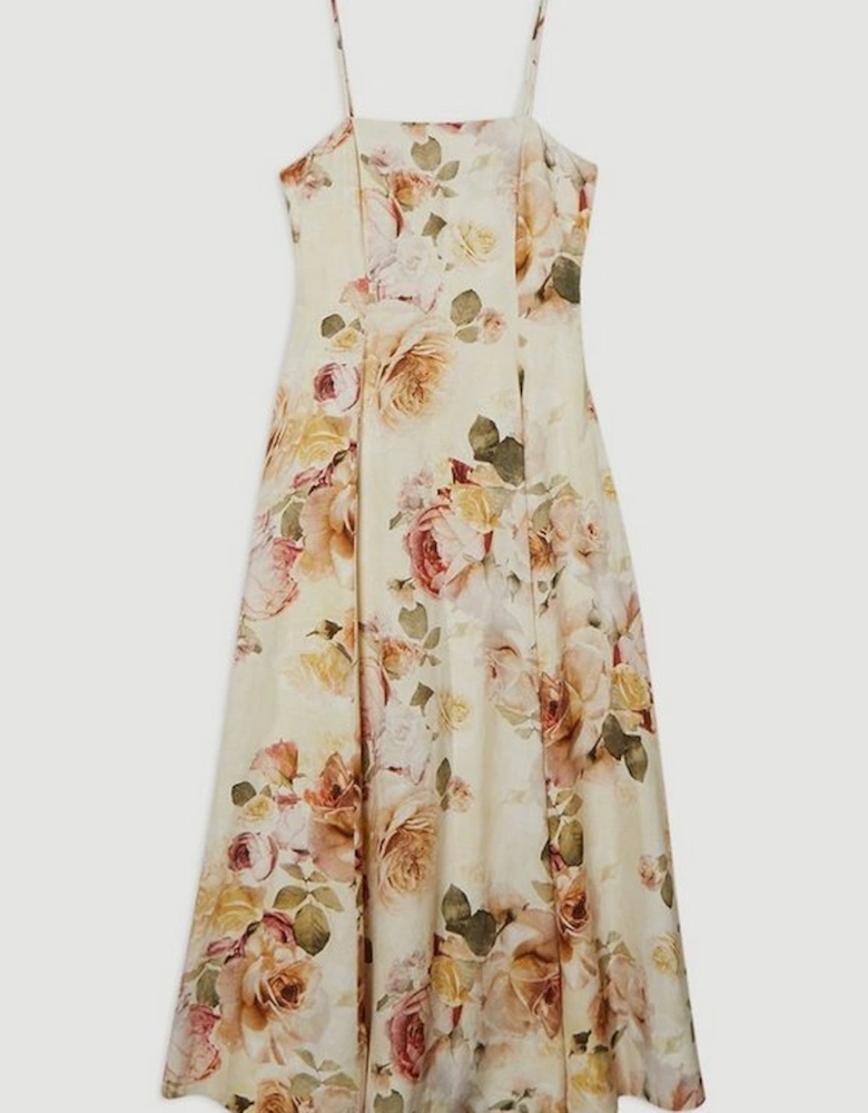 Linen Viscose Floral Printed Woven Maxi Prom Dress