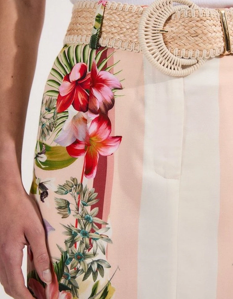 Mirrored Viscose Linen Floral Print With Raffia Belt Woven Midi Skirt