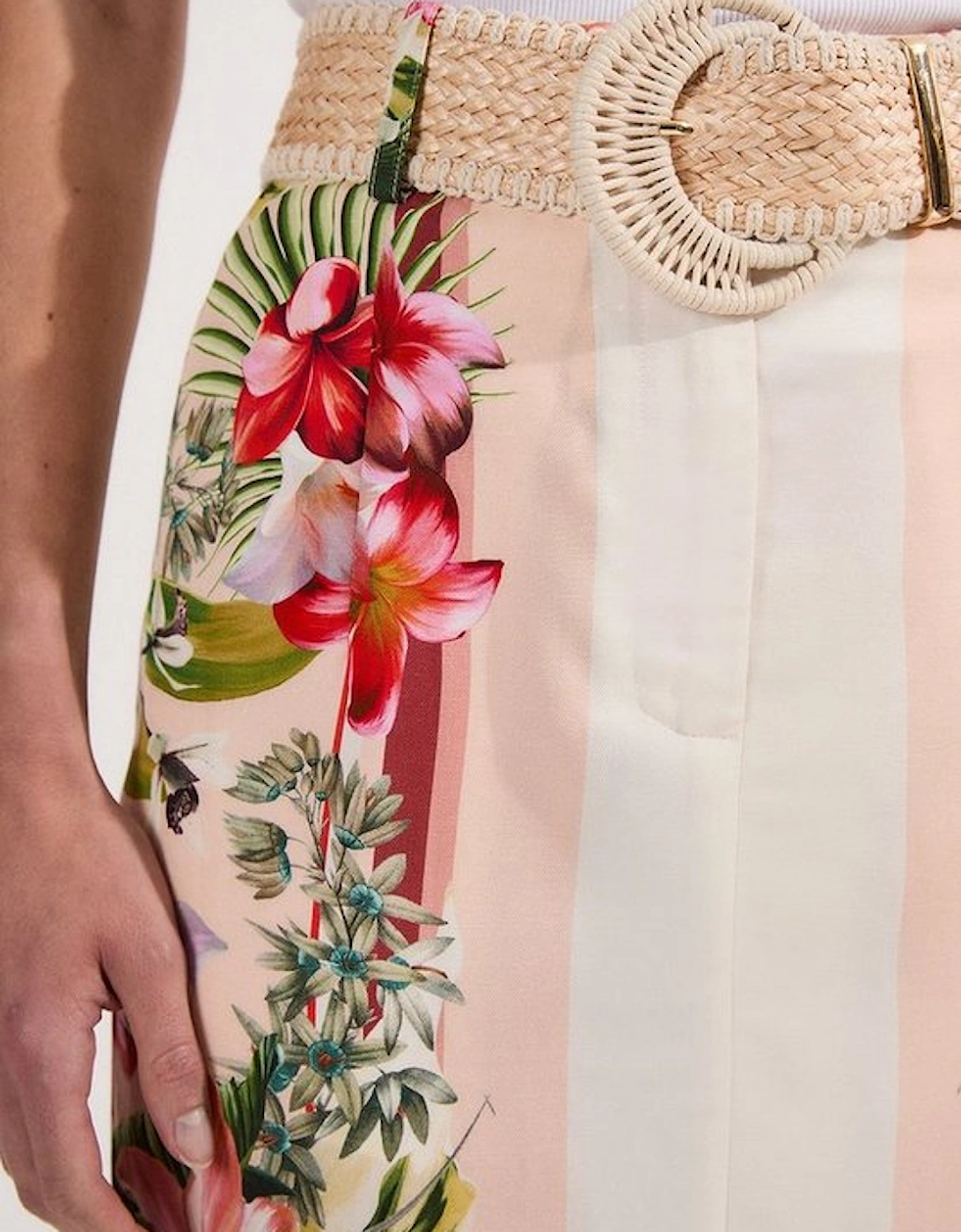 Mirrored Viscose Linen Floral Print With Raffia Belt Woven Midi Skirt
