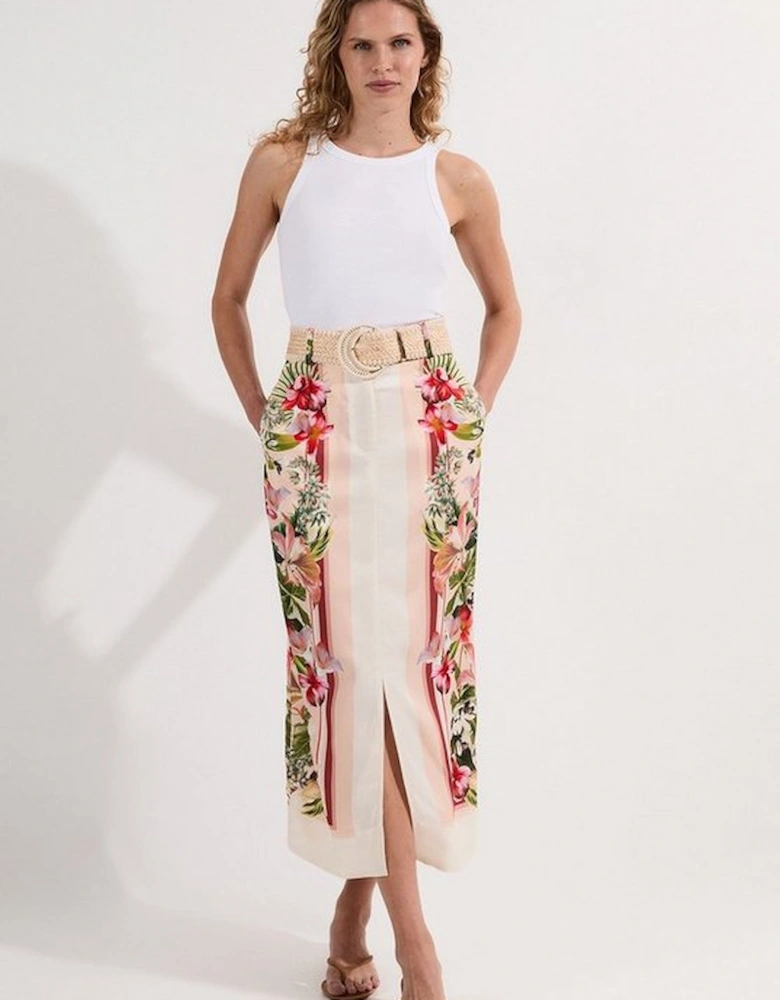 Mirrored Viscose Linen Floral Print With Raffia Belt Woven Midi Skirt