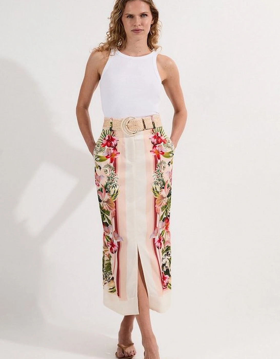 Mirrored Viscose Linen Floral Print With Raffia Belt Woven Midi Skirt, 4 of 3