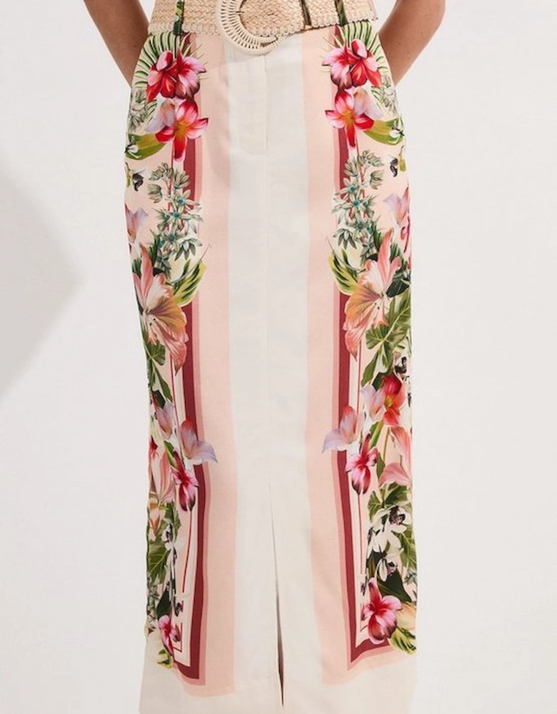 Mirrored Viscose Linen Floral Print With Raffia Belt Woven Midi Skirt