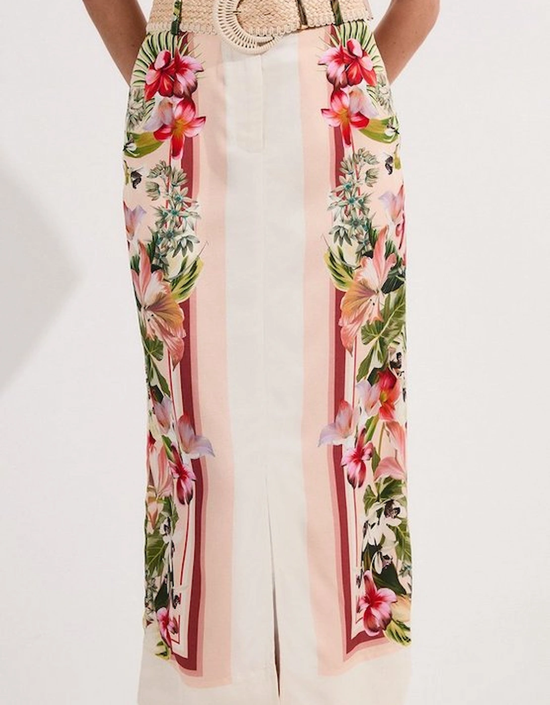 Mirrored Viscose Linen Floral Print With Raffia Belt Woven Midi Skirt