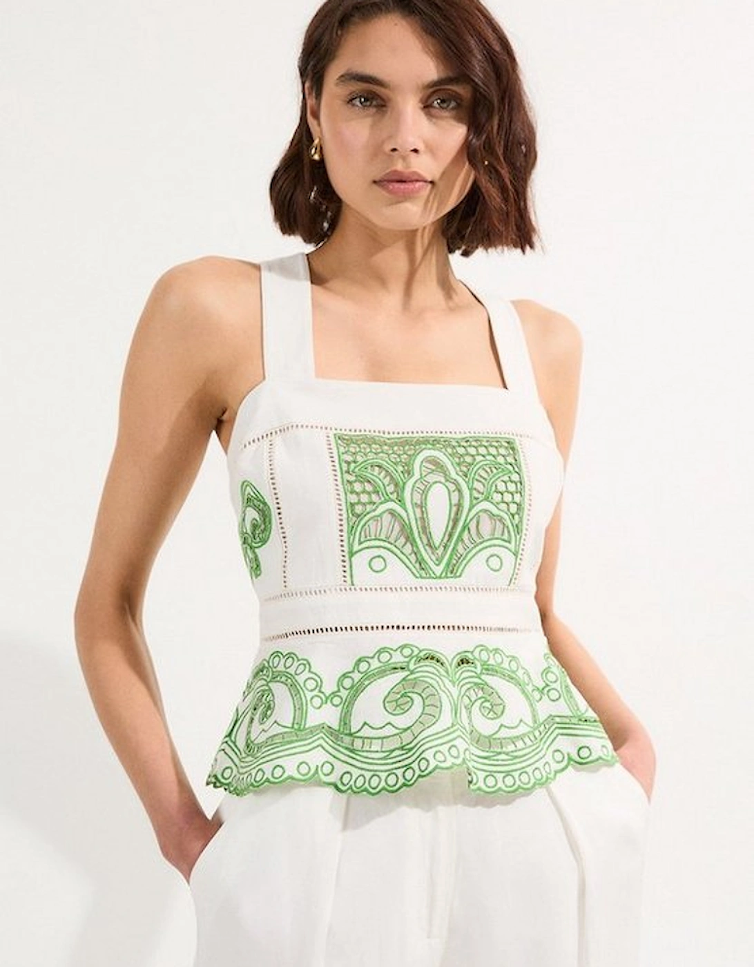 Petite Cutwork Embroidered Ruffle Woven Strappy Top, 4 of 3