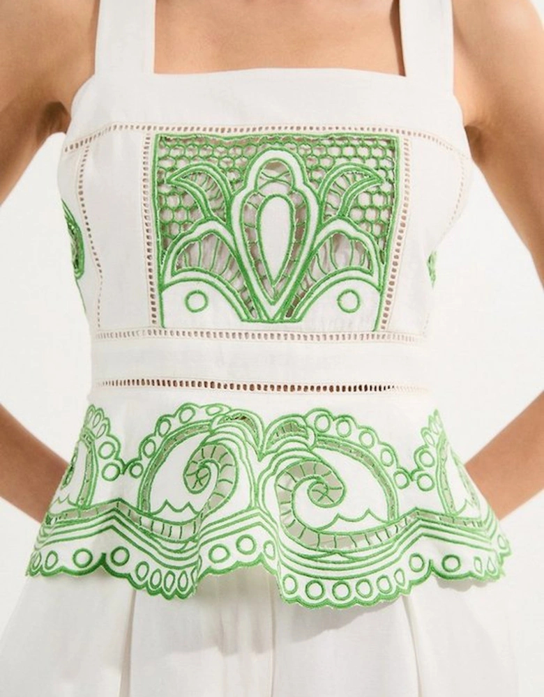 Petite Cutwork Embroidered Ruffle Woven Strappy Top