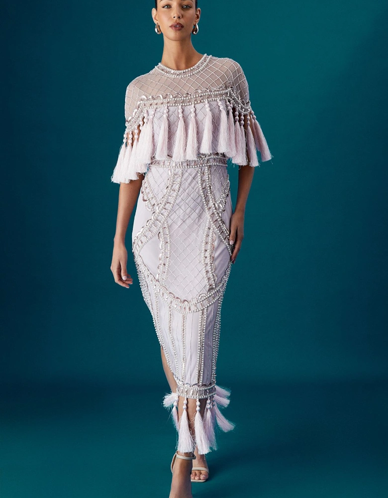 Tassel Cape Sequin Maxi Dress