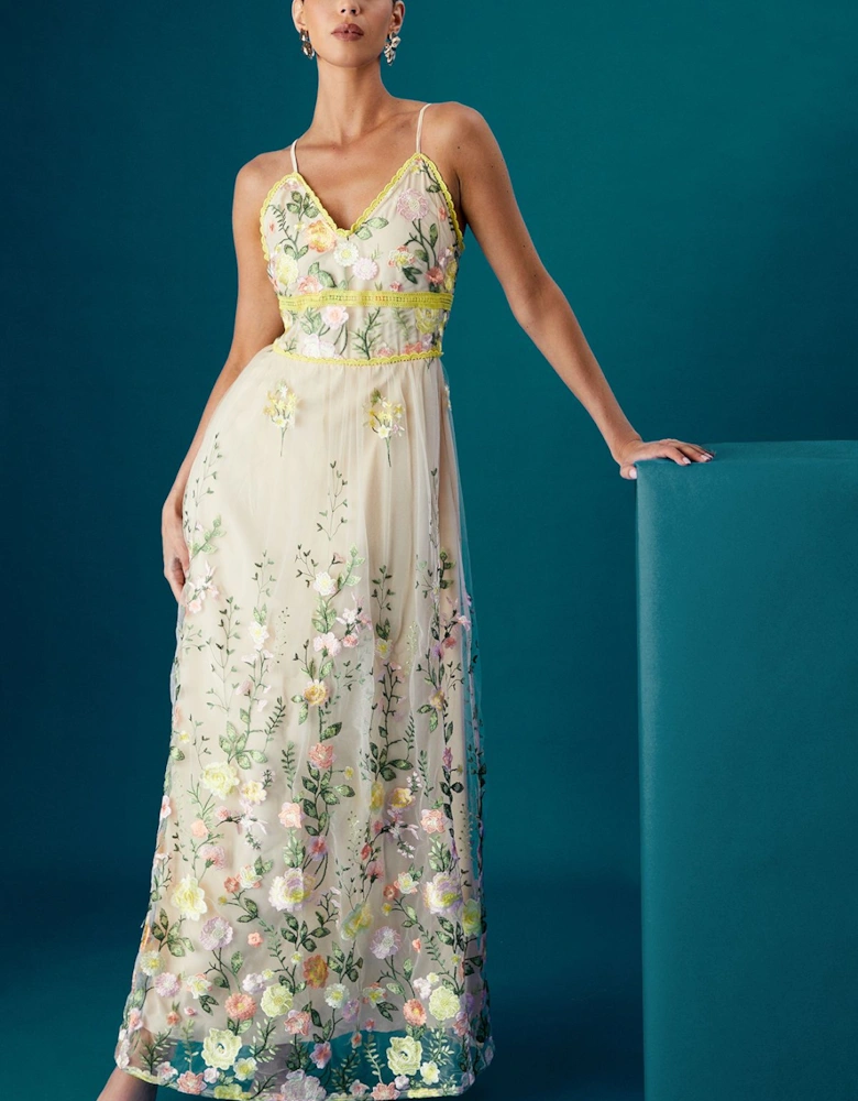 Muse Strappy Flower Embroidery V Neck Maxi Dress