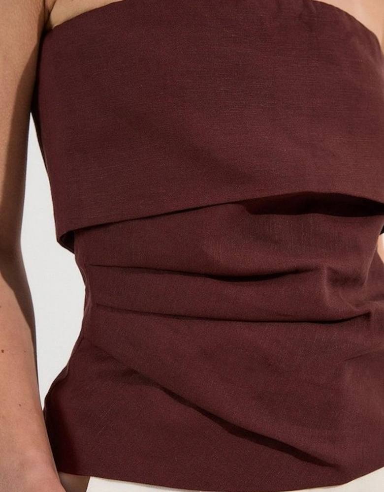 Linen Viscose Woven Bandeau Top With Ruched Side Detail