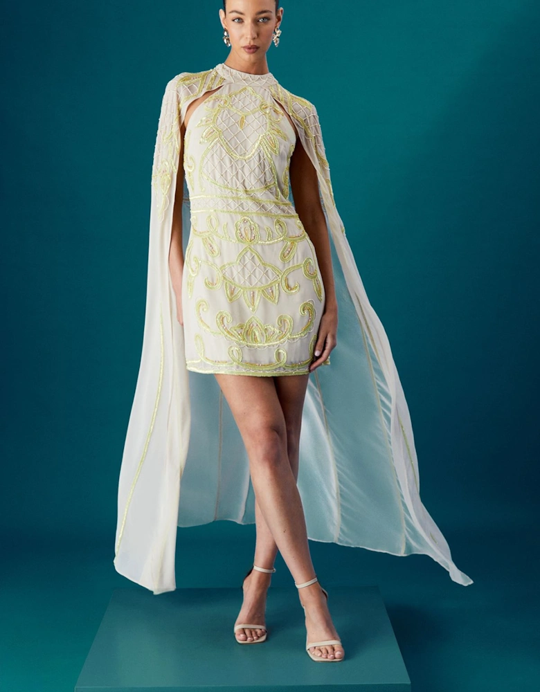 Halter Neck Embellished Cape Sleeve Mini Dress