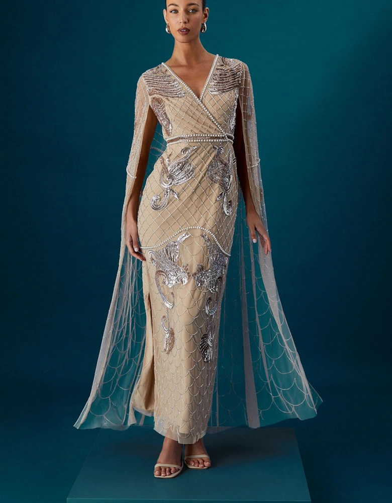 Heavily Embellished Maxi Dress With Cape Sleeves