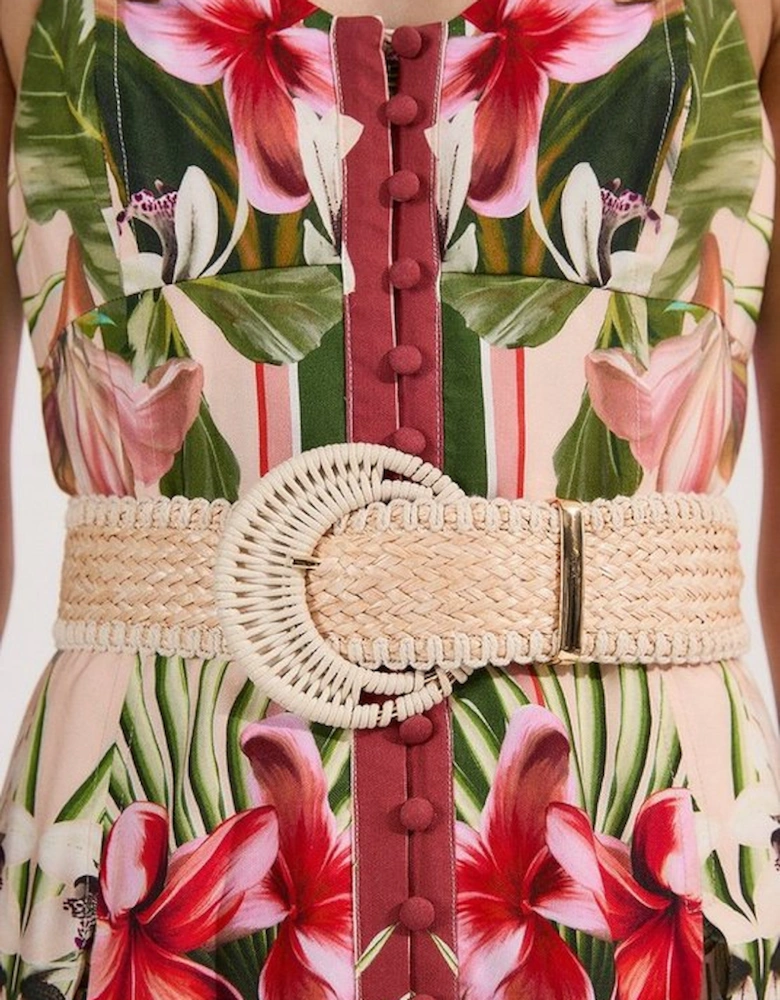 Mirrored Viscose Linen Floral Print Woven Maxi Dress