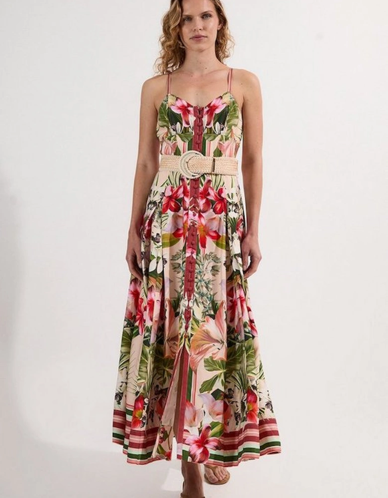 Mirrored Viscose Linen Floral Print Woven Maxi Dress