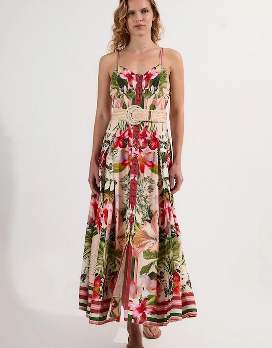 Mirrored Viscose Linen Floral Print Woven Maxi Dress