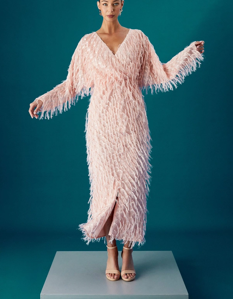 Long Sleeve Feather Detail Maxi Dress