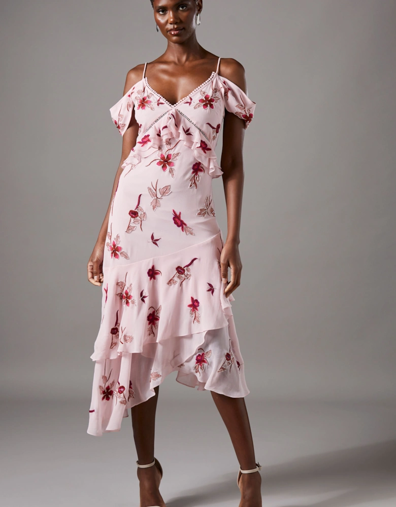 Sequin Embellished Off Shoulder Midi Wedding Guest Dress