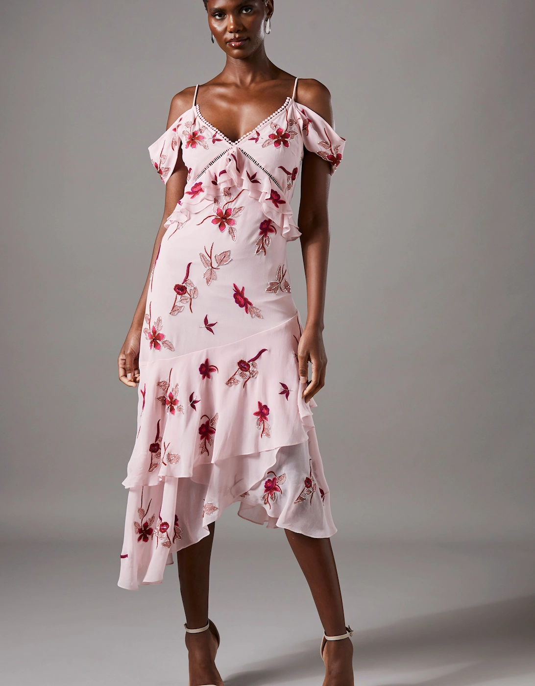 Sequin Embellished Off Shoulder Midi Wedding Guest Dress, 2 of 1