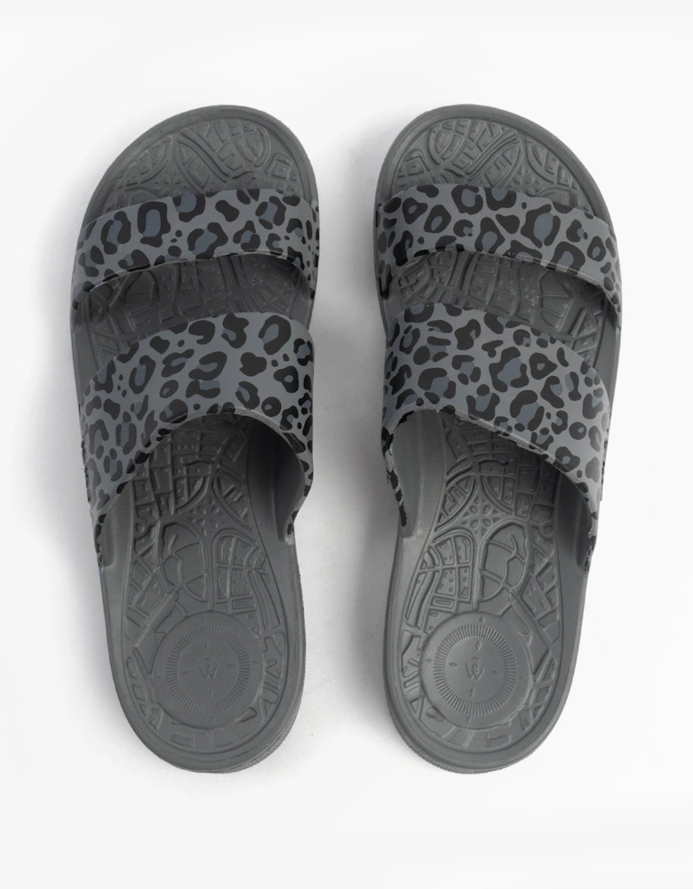 0351FGLE Womens Double Strap Slides Grey Leopard