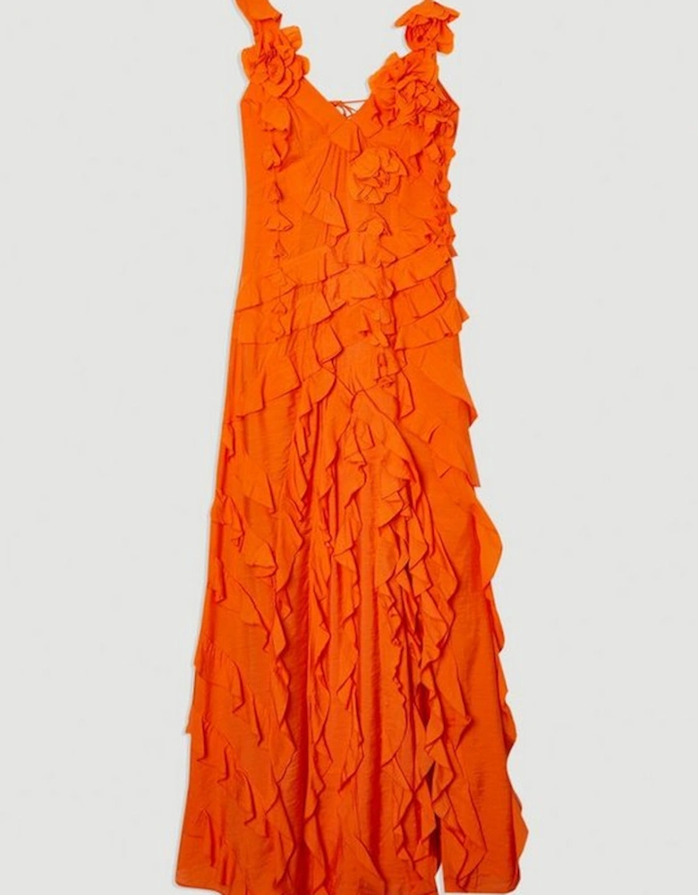 Ruffle & Applique V Front Viscose Woven Maxi Dress