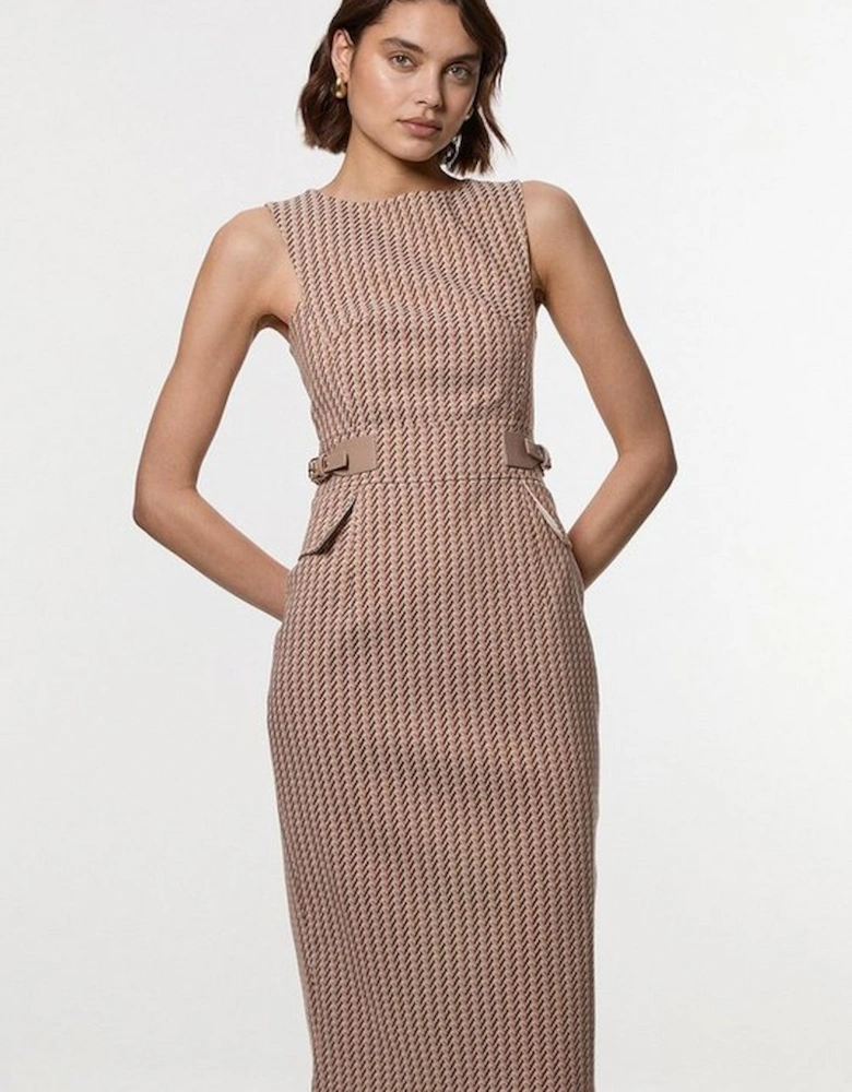 Jacquard Tab Waist Detail Tailored Midi Dress
