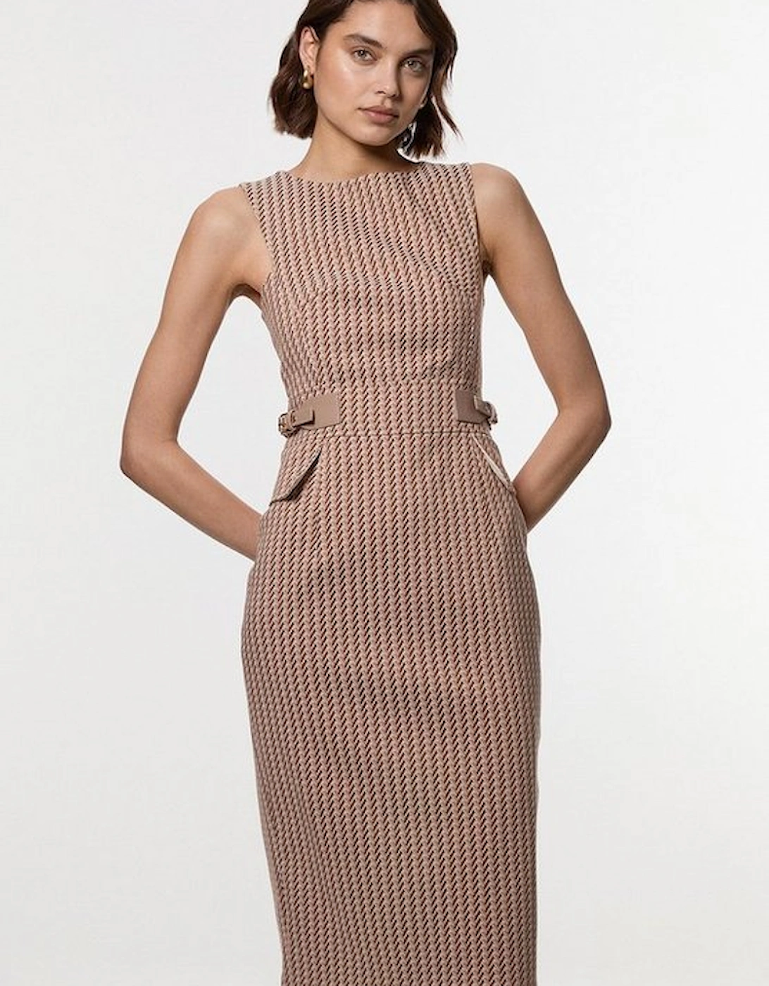 Jacquard Tab Waist Detail Tailored Midi Dress, 5 of 4