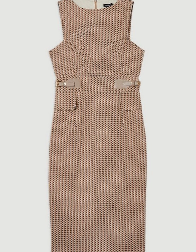 Jacquard Tab Waist Detail Tailored Midi Dress
