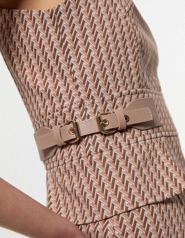 Jacquard Tab Waist Detail Tailored Midi Dress