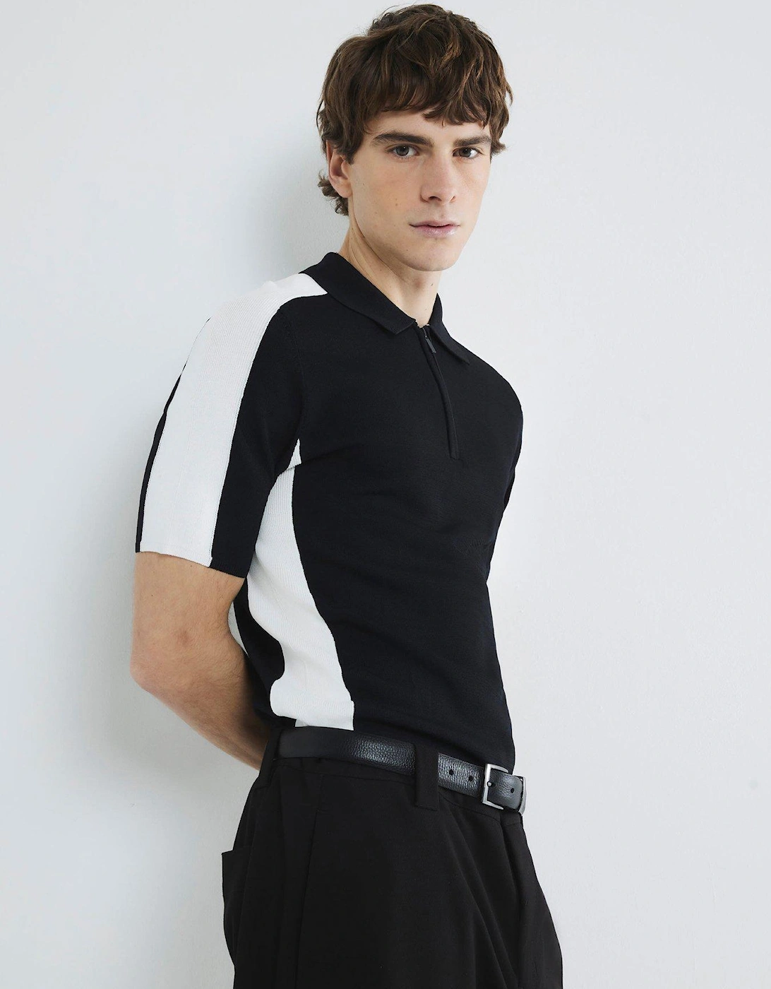 Short Sleeve Blocked Knit Polo Shirt - Black, 2 of 1