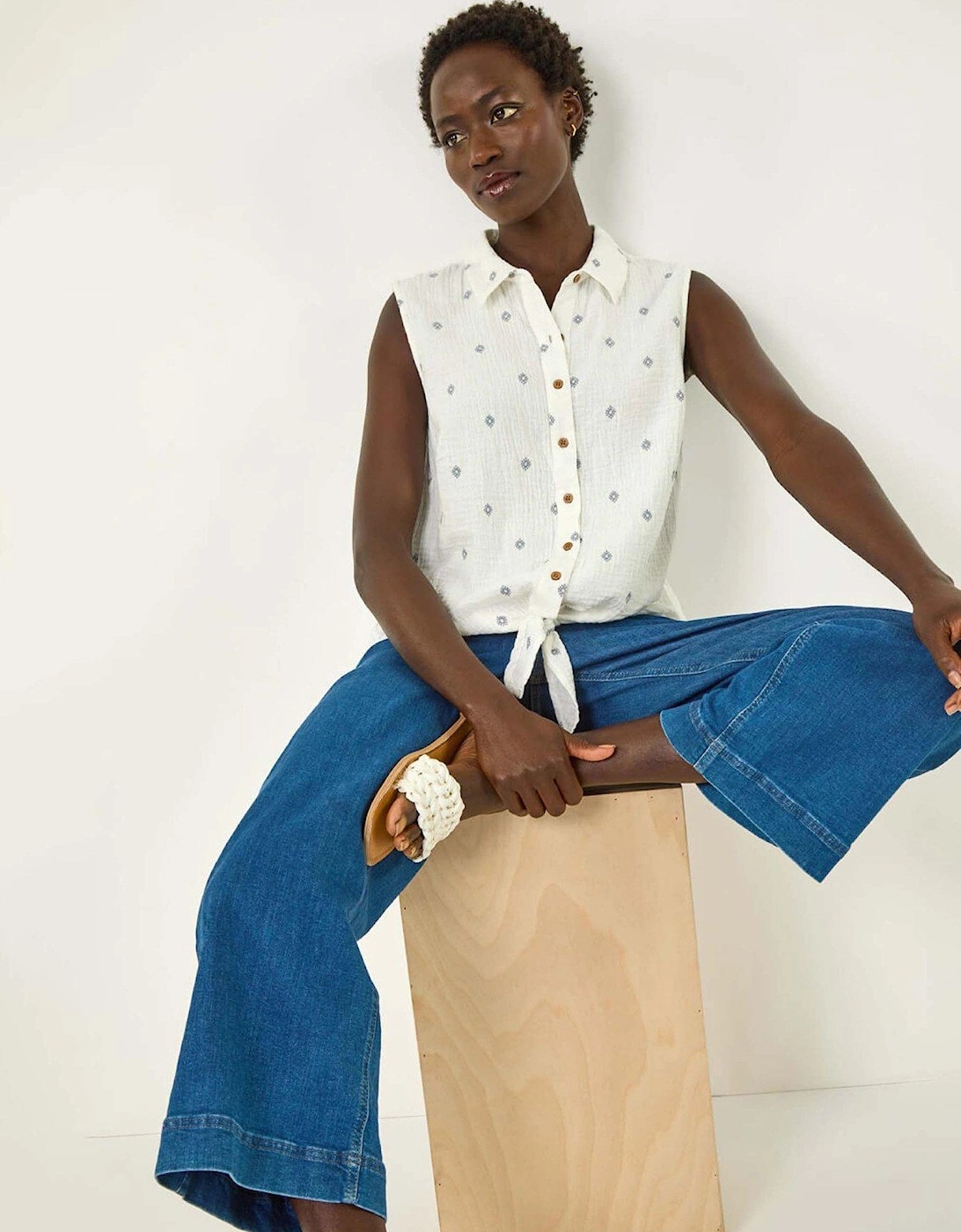 Embroidered Tie Front Blouse - White, 2 of 1