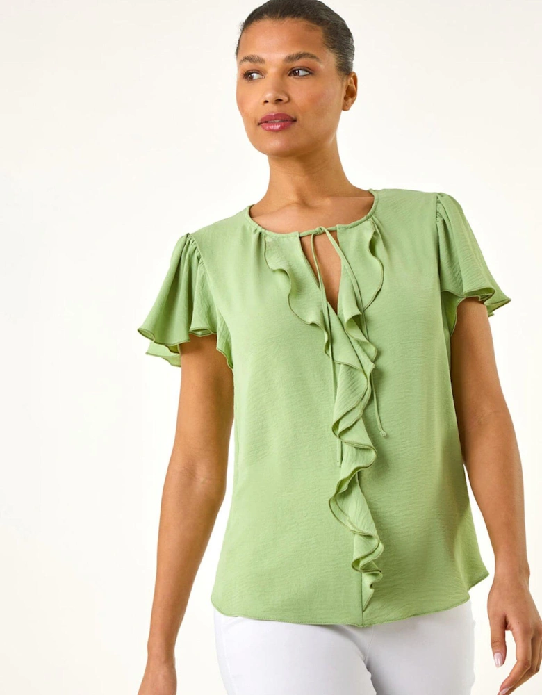Frilled Sleeve Tie Front Top - Mint