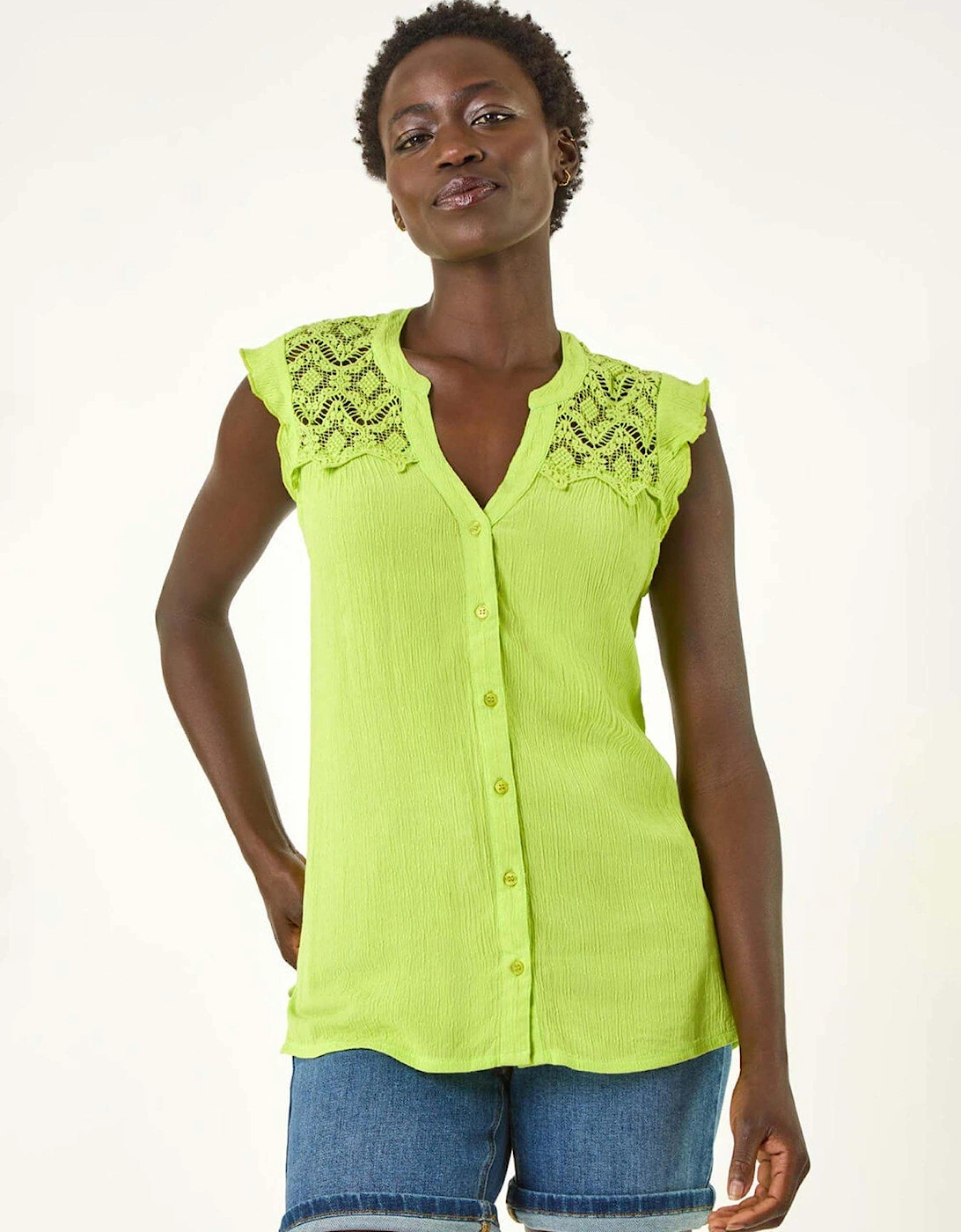Sleeveless Lace Detail Blouse - Green, 2 of 1