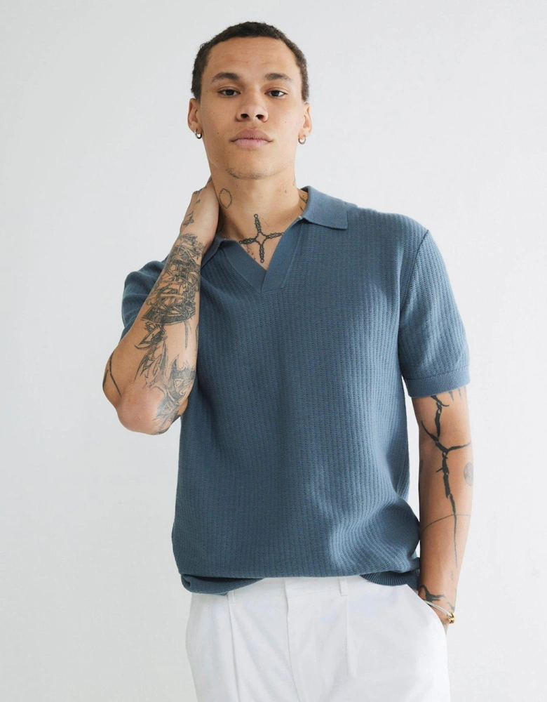 Short Sleeve Open Collar Knitted Polo Shirt - Blue