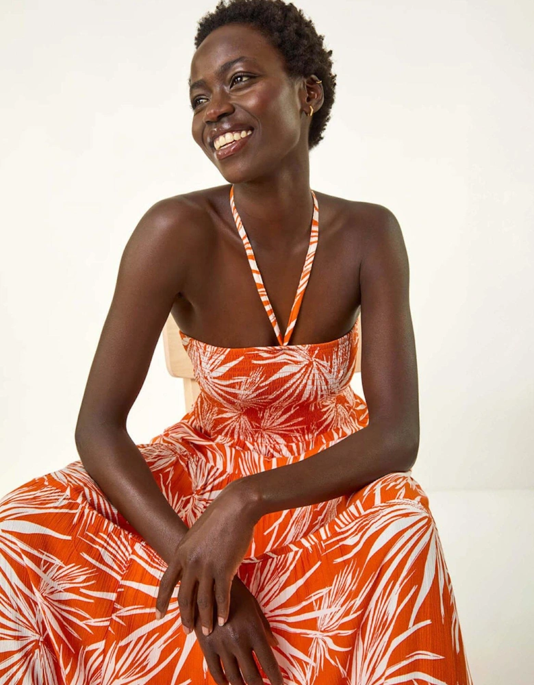 Leaf Print Shirred Bandeau Midi Dress - Orange