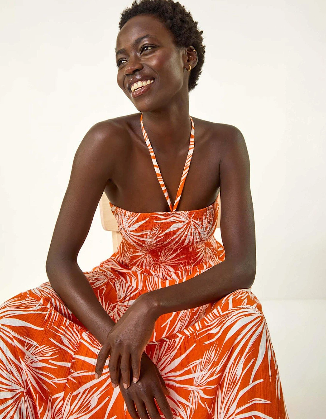 Leaf Print Shirred Bandeau Midi Dress - Orange, 2 of 1