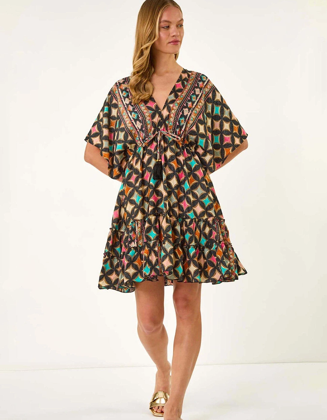 Geometric Boho Print V-neck Mini Dress - Black, 2 of 1