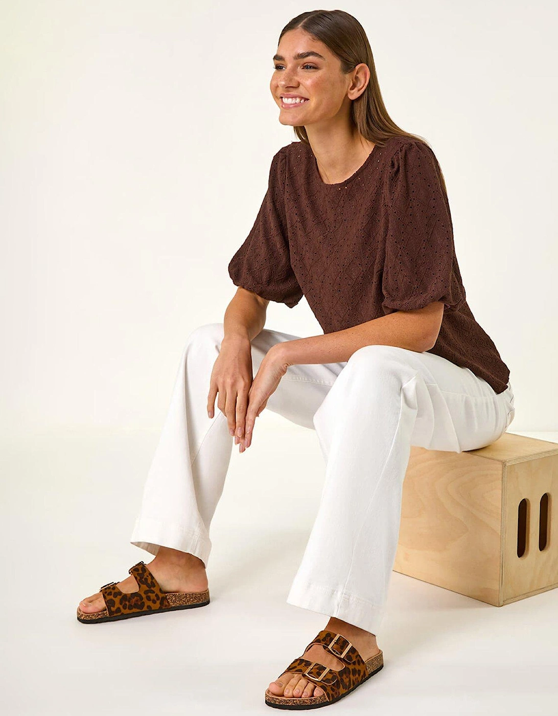 Broderie Puff Sleeve Top - Chocolate, 2 of 1
