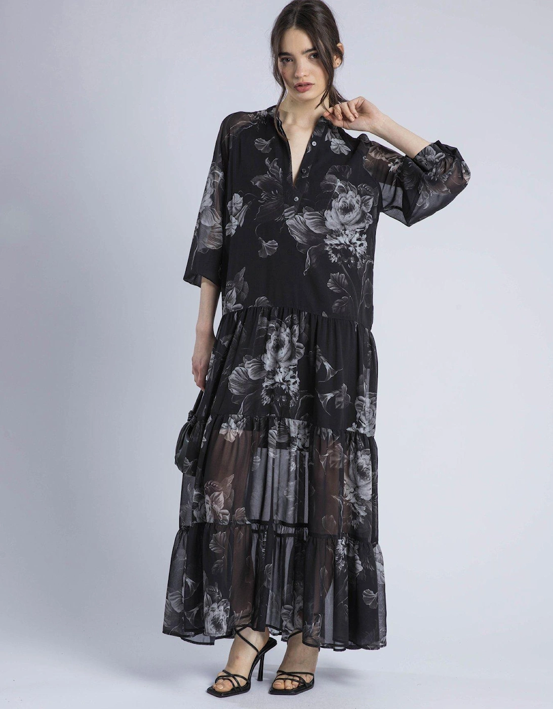 Cala Tiered Boho Maxi Dress In Dark Floral Print - Black, 2 of 1