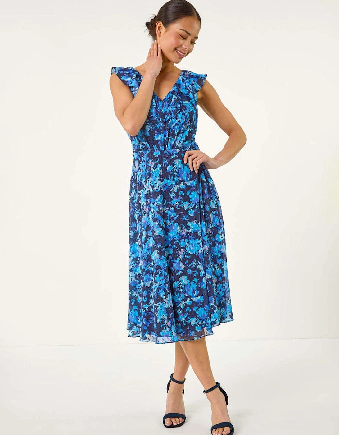 Petite Floral Print Frill Front Midi Dress - Navy, 2 of 1