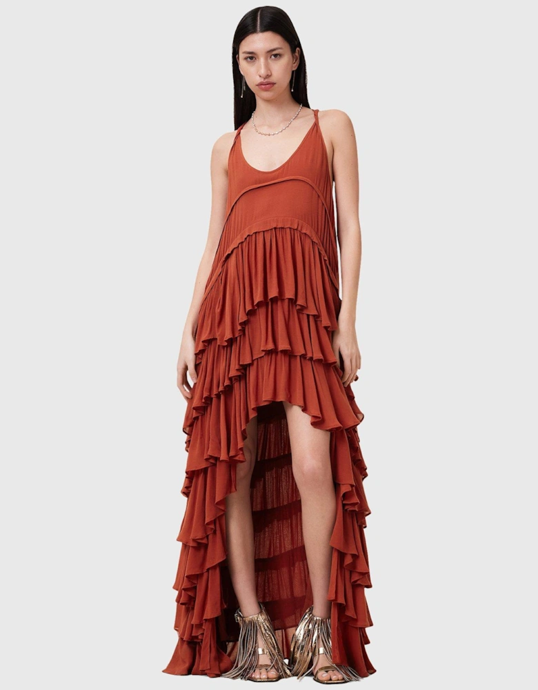 Cavarly Tiered Ruffle Maxi Dress - Red