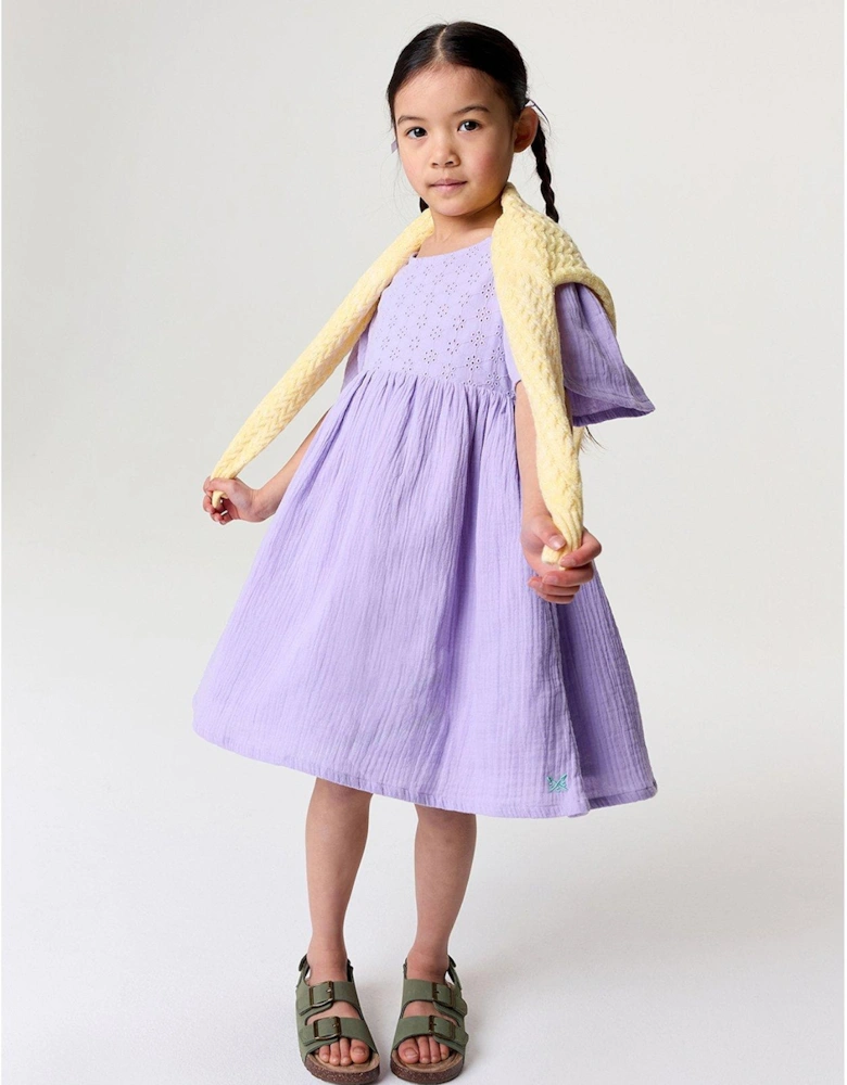Girls Cotton Broderie Anglaise Dress - Light Purple