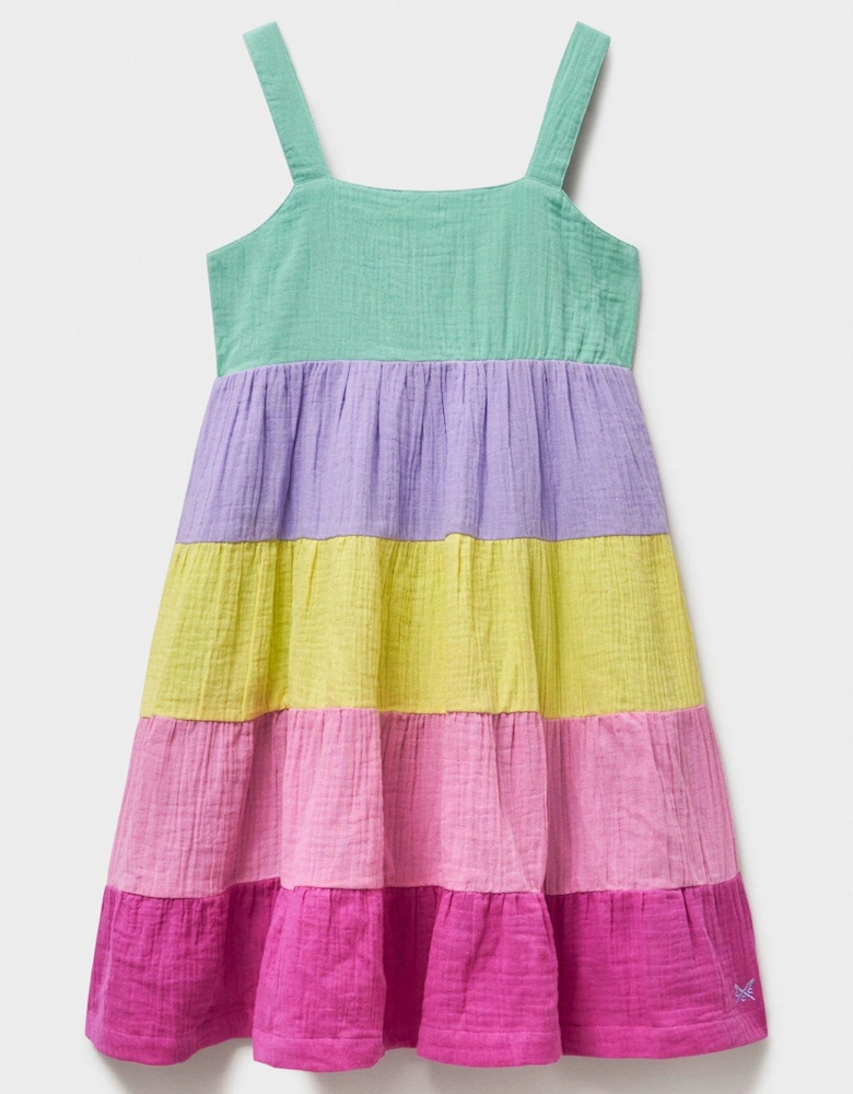 Girls Cotton Scallop-tier Dress - Multi
